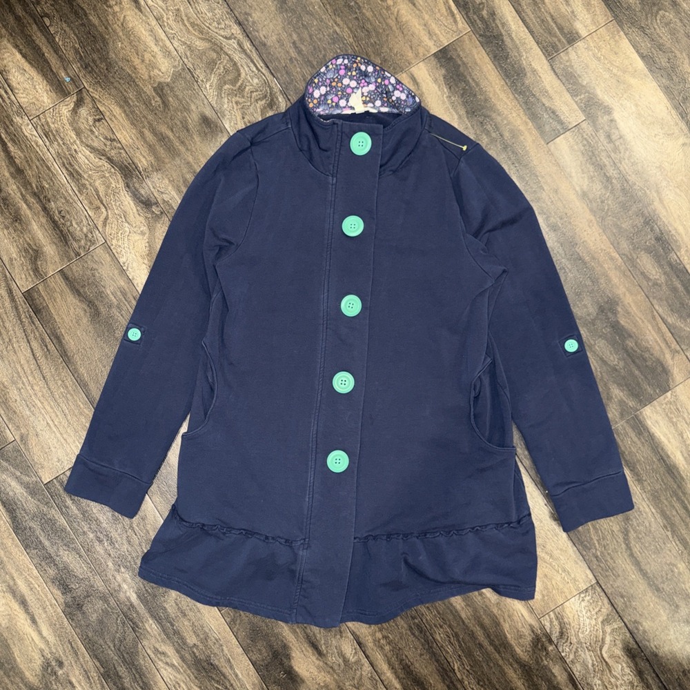 Matilda Jane Women's Medium Jacket Full-Zip Button-Up Roll Tab Sleeves Navy Blue